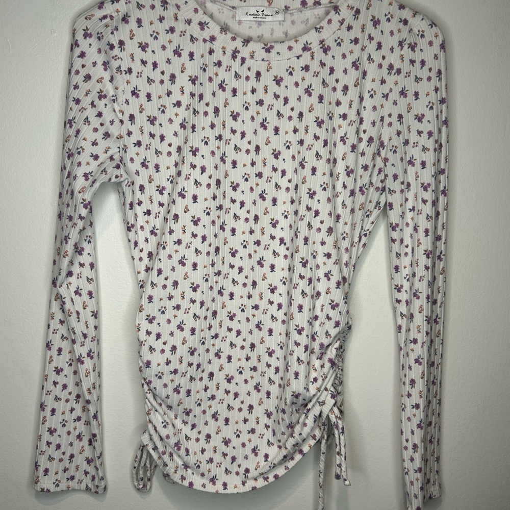 Rebellious Dreamer Women’s Floral Long Sleeve Stretchy Top Ruched Side Size Med